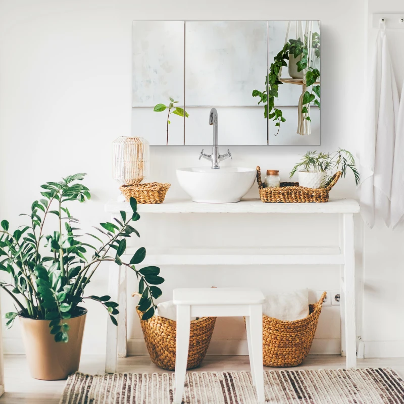 kleankin Armoire murale salle de bain, meuble de rangement avec miroir, 2 placards avec 3 étagères en bois, 90 x 60 x 13,5 cm