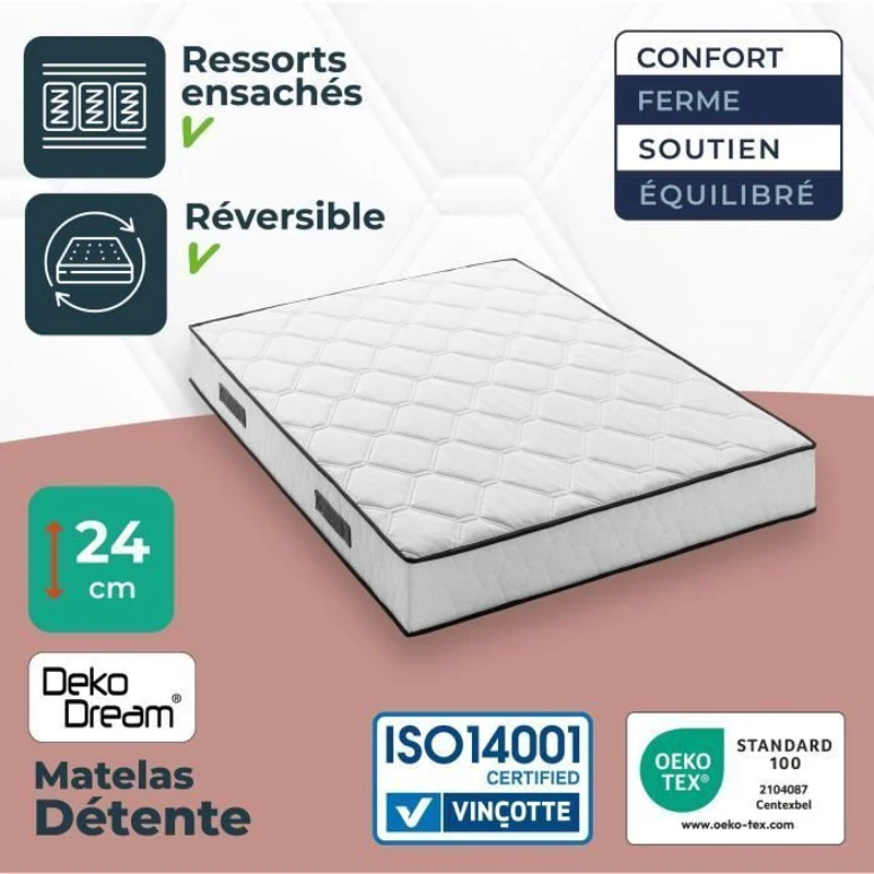 Ensemble matelas sommier 160 x 200 cm Hauteur 24 cm - ressorts ensachés - 7 zones - réversible - fabriqué en Belgique - DEKO DREAM