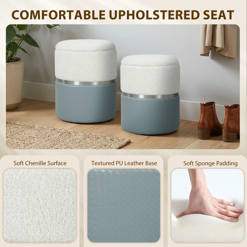 HOMCOM Nesting Round Ottoman with Storage Set of 2 - Cream/Grey
