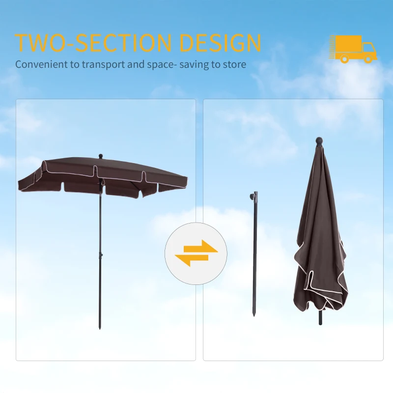Outsunny Garden Parasol Umbrella, Outdoor Market Table Umbrella with Ruffles & Aluminium Pole, Rectangular Tilting Parasol Sun Shade Canopy, 2 x 1.3m, Brown