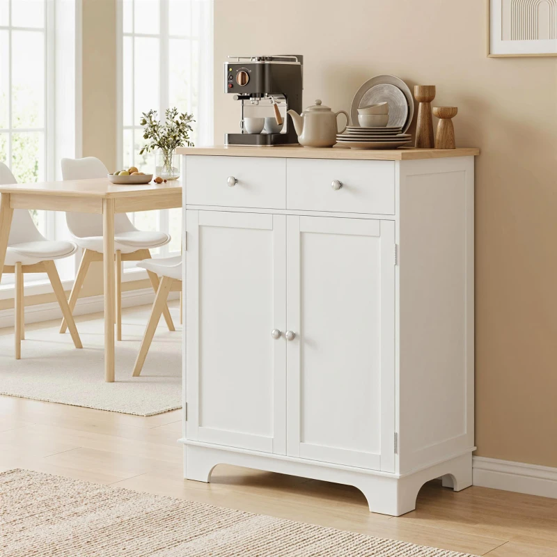HOMCOM Meuble de rangement buffet salon avec placards à portes, 2 tiroirs et étagère réglable, armoire de rangement pour salon, cuisine, chambre, blanc et bois naturel
