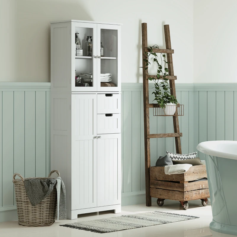 HOMCOM Meuble haut de rangement, armoire avec portes vitrées et étagères réglables pour salle de bain, cuisine, salon, blanc