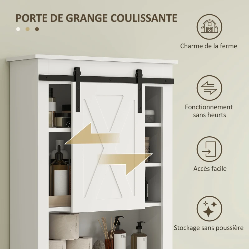 HOMCOM Meuble WC dessus de toilette avec porte coulissante, avec 6 compartiments de rangement, blanc