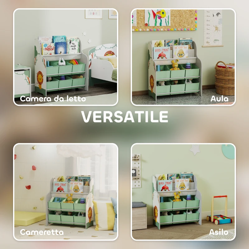 AIYAPLAY Scaffale Portagiochi con 6 Cassetti in Tessuto e Libreria a 2 Livelli, in Legno e Acciaio, 63x30x71 cm, Verde