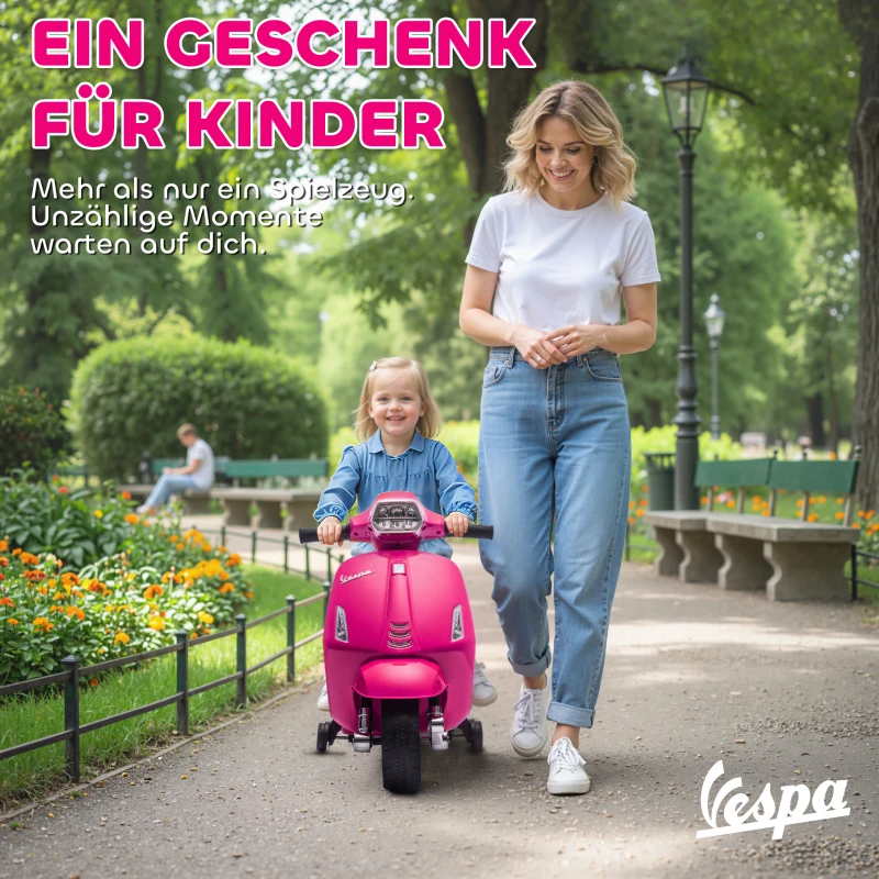 AIYAPLAY Elektro Motorrad Kinder Vespa 6V Elektromotorrad mit Stützrädern, Scheinwerfer, Hupe für 2-6 Jahre 71 x 37 x 52 cm Rosa