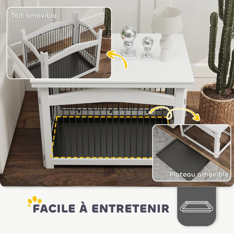 PawHut Cage pour chien 3 en 1 table d'appoint parc pour chien plateau amovible pour chien moyenne 82,5 x 57,5 ​​x 59,5 cm blanc