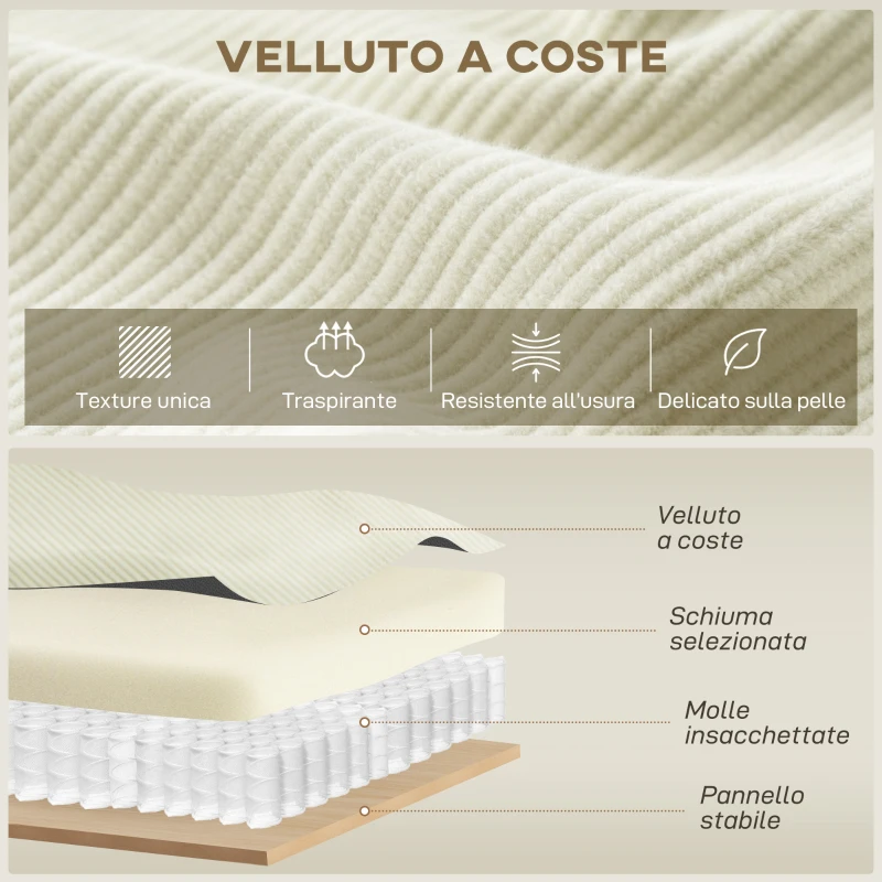 HOMCOM Divano con Penisola a 3 Posti in Tessuto Effetto Velluto, Schiuma e Nylon, 241x153x83 cm, Bianco Crema