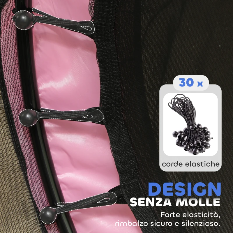 HOMCOM Tappeto Elastico per Bambini con Rete di Sicurezza e Pali Imbottiti Età 3-10 Anni, Ø140 x 190 cm, Rosa