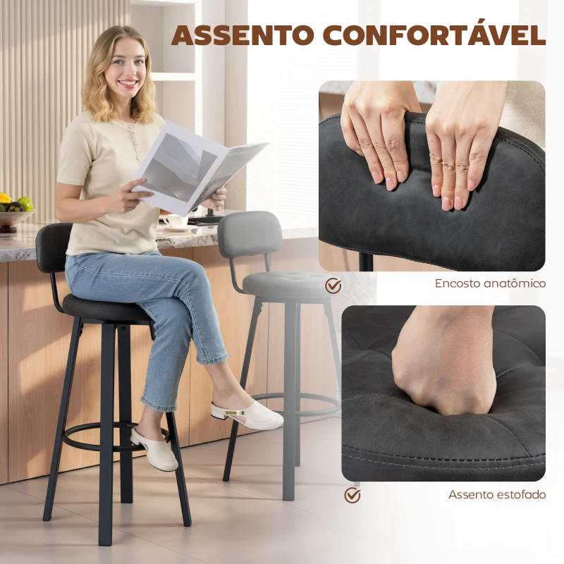 HOMCOM Conjunto de 2 Bancos de Bar Bancos Altos de Cozinha Giratórios Estofados em PU com Apoio para os Pés 35,5x43,5x98 cm Cinzento Escuro