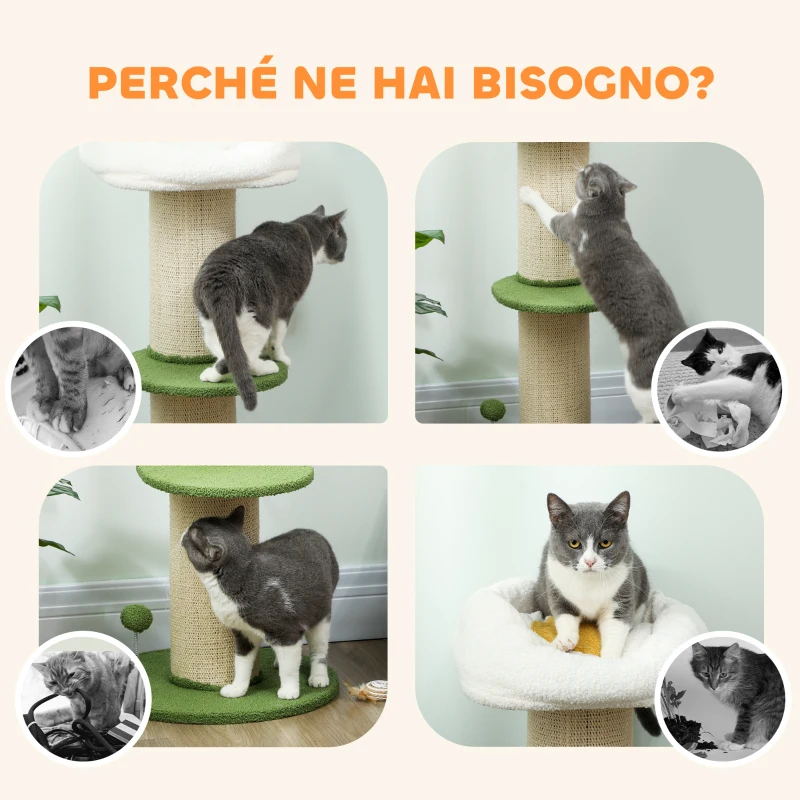 PawHut Albero Tiragraffi per Gatti Alto 92 cm con Palo in Sisal e Lettino a Forma di Fiore, Verde