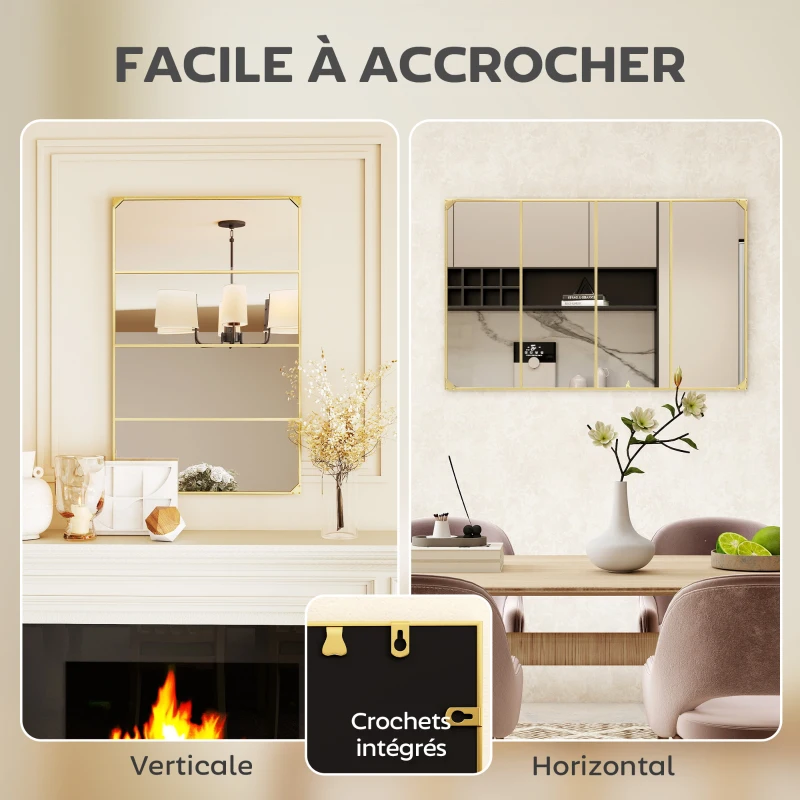 HOMCOM Miroir mural verrière rectangulaire style industriel, horizontal ou vertical avec 4 crochets, en métal doré 109 x 69 cm