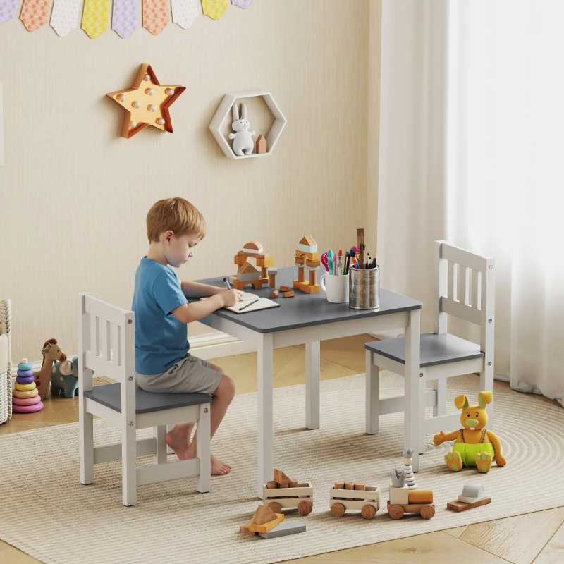 AIYAPLAY Set Tavolo e Sedie per Bambini da 3-8 Anni 3 pz in Legno con Bordi Arrotondati, Grigio e Bianco