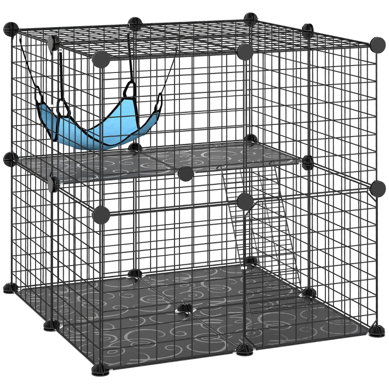 PawHut Indoor Cat Cage DIY Customizable 2-Tier Indoor Cat Enclosure with 2 Doors and Hammock 70 cm Black