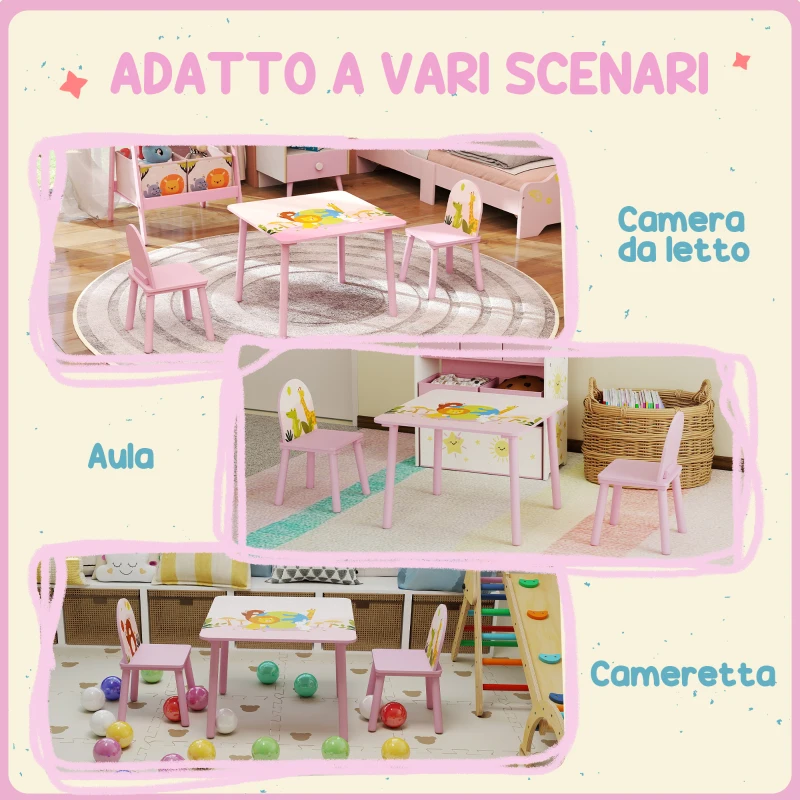 AIYAPLAY Set Tavolo e Sedie per Bambini 3-8 Anni con Motivi Animali e Bordi Arrotondati, in MDF e Legno di Pino Rosa