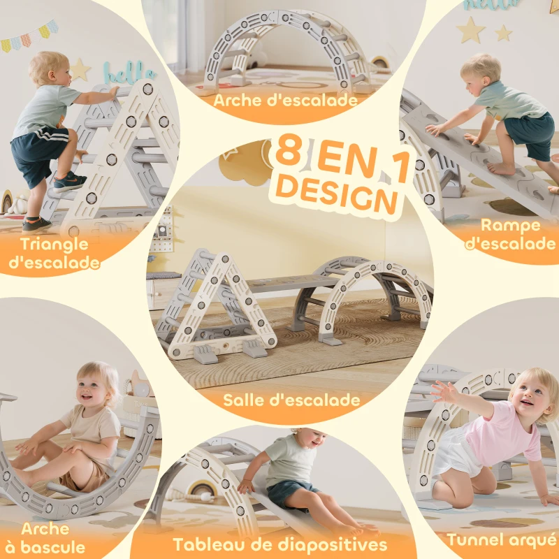 AIYAPLAY 8 en 1 Triangle escalade enfants, arc d'escalade, rampe double-face pour grimper & glisser, 279 x 80 x 69 cm, gris