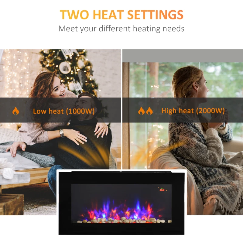 HOMCOM LED Wall Mounted Fireplace Curved Glass Electric Fire Place for Living Room, 1000W/2000W, 48H x 90.8W x 11.5Dcm, Black