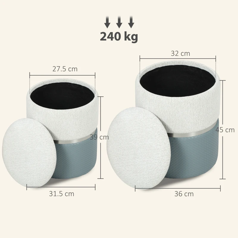 HOMCOM Nesting Round Ottoman with Storage Set of 2 - Cream/Grey