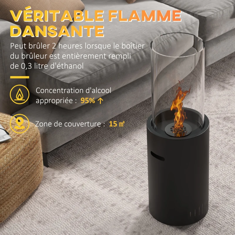 HOMCOM Cheminée au bioéthanol en acier et verre avec une capacité de 0,3 L et une capacité de chauffe 15 ㎡ 27 x 27 x 70 cm noir