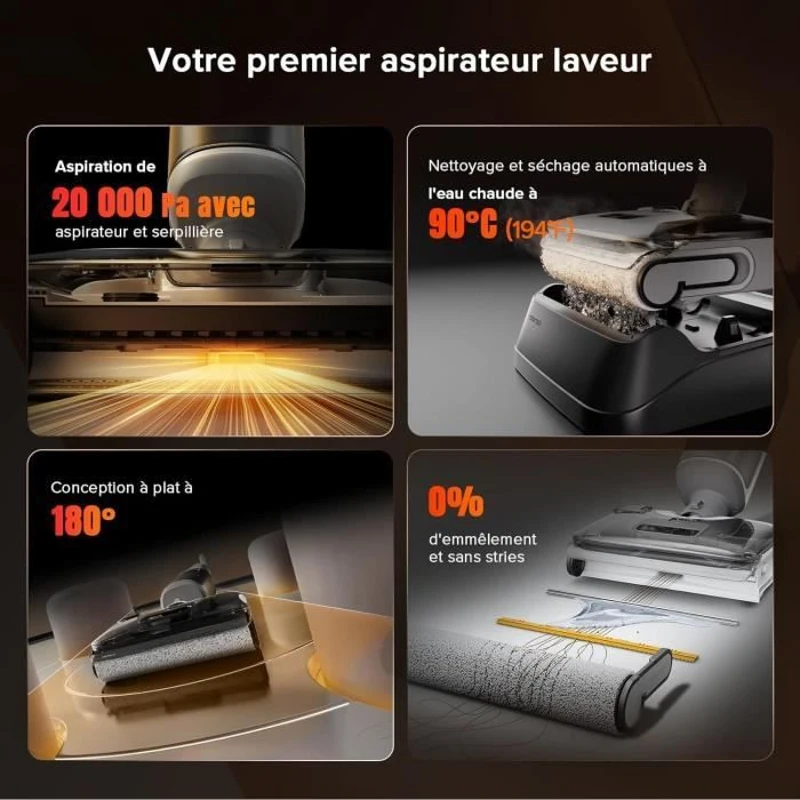 ROBOROCK F25 RT - Aspirateur Balai Laveur - 20000 Pa - Lavage a Chaud a 90 °C - Nettoyage Deux Bords - Auto-Nettoyage