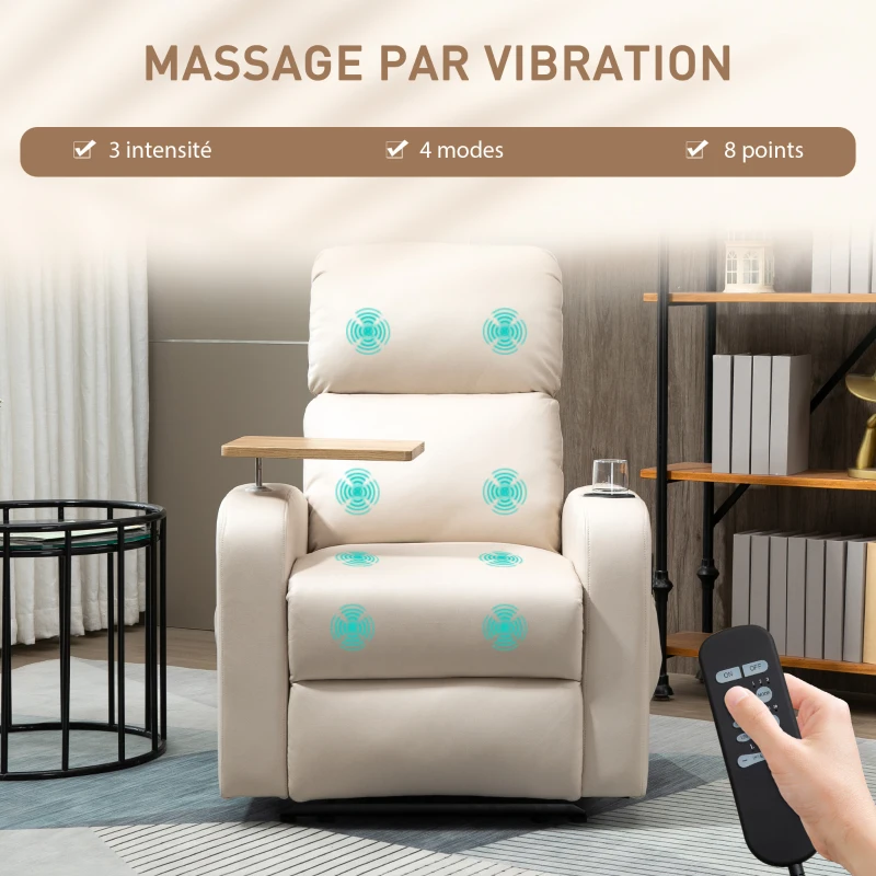 HOMCOM Fauteuil de relaxation fauteuil de massage inclinable avec Tablette, Poches latérales et Télécommande chaise TV pour Salon et Chambre, tissu en Microfibre Beige