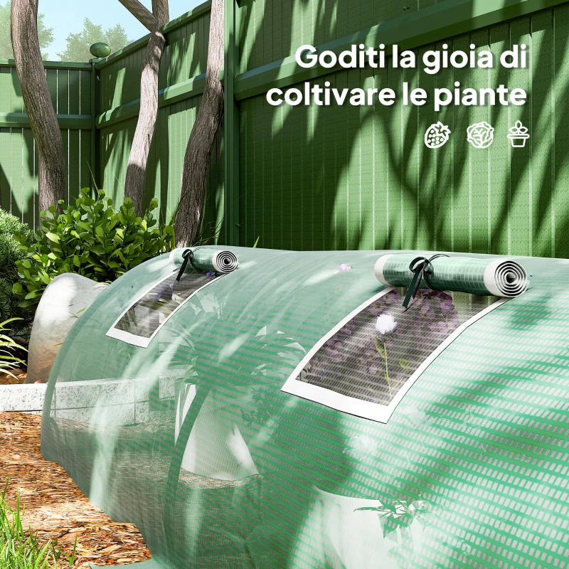 Outsunny Serra Piccola con 5 Finestrelle e Griglia Centrale, in Acciaio, PE e PP, 300x80x45 cm, Verde