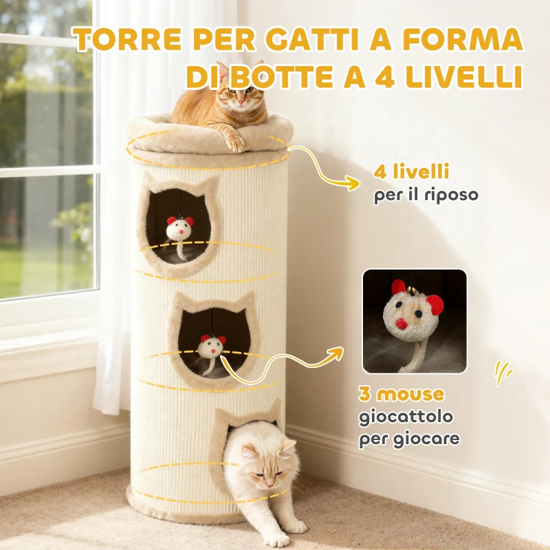 PawHut Torre Tiragraffi per Gatti Alta 96 cm con 3 Casette e Lettino Superiore Rimovibile e Lavabile, Crema