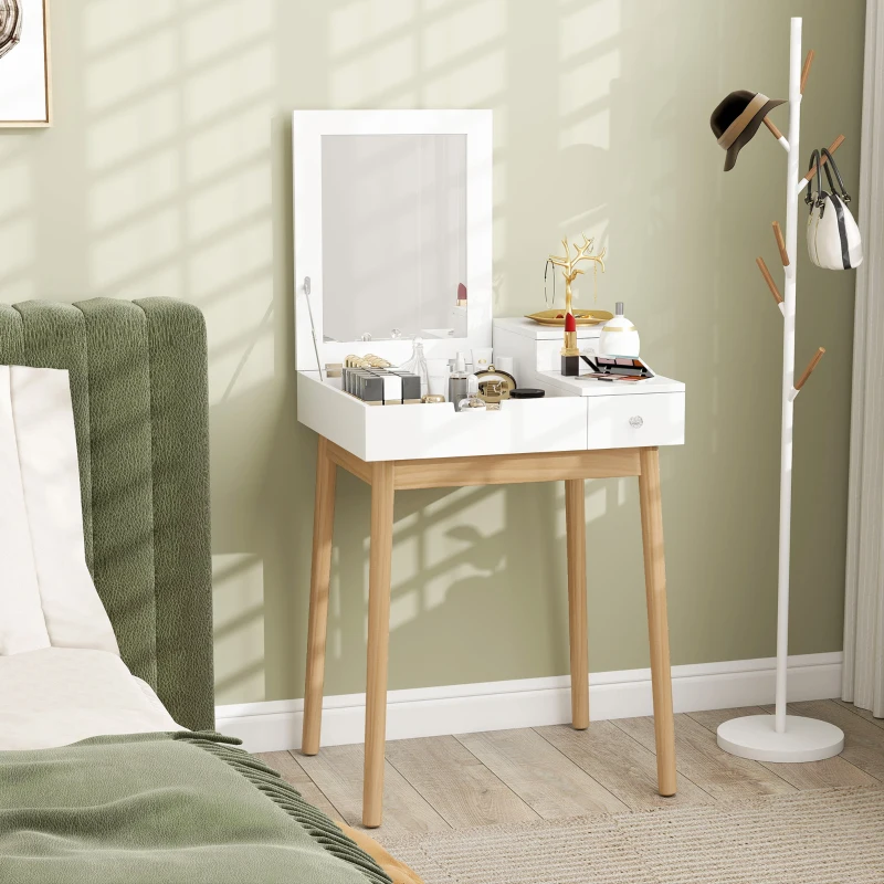 HOMCOM Dressing Table with Flip-up Mirror, Makeup Desk with 2 Drawers and Pine Wood Legs, Vanity Table Writing Desk for Bedroom Living Room, White