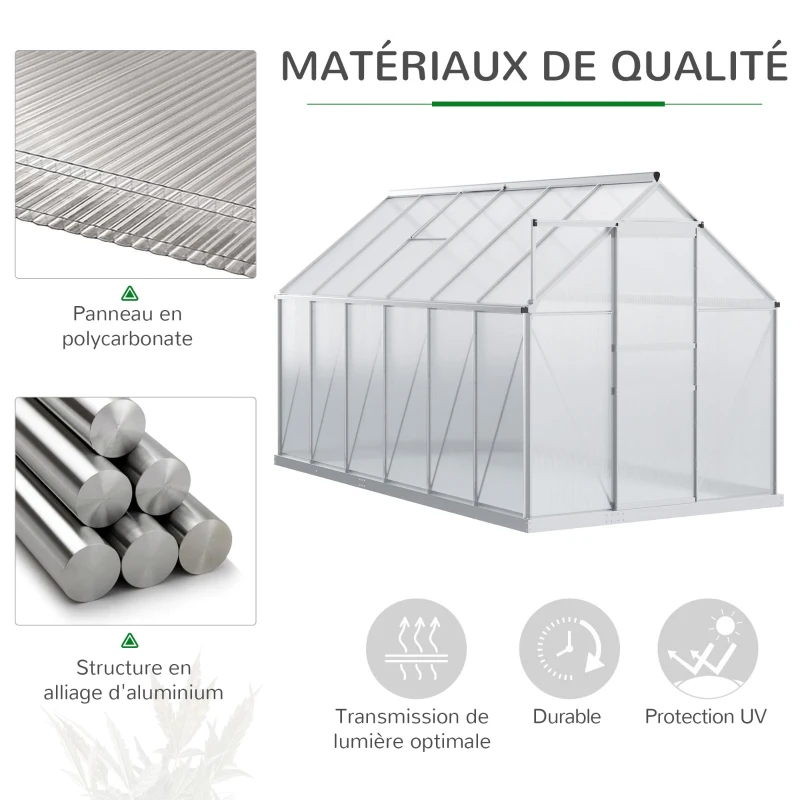 Outsunny Serre de Jardin en Polycarbonate 7,1 m² dim. 1,9L x 3,75l x 1,99 m avec Fondation, Lucarne réglable, Porte coulissante - Argent et Transparent
