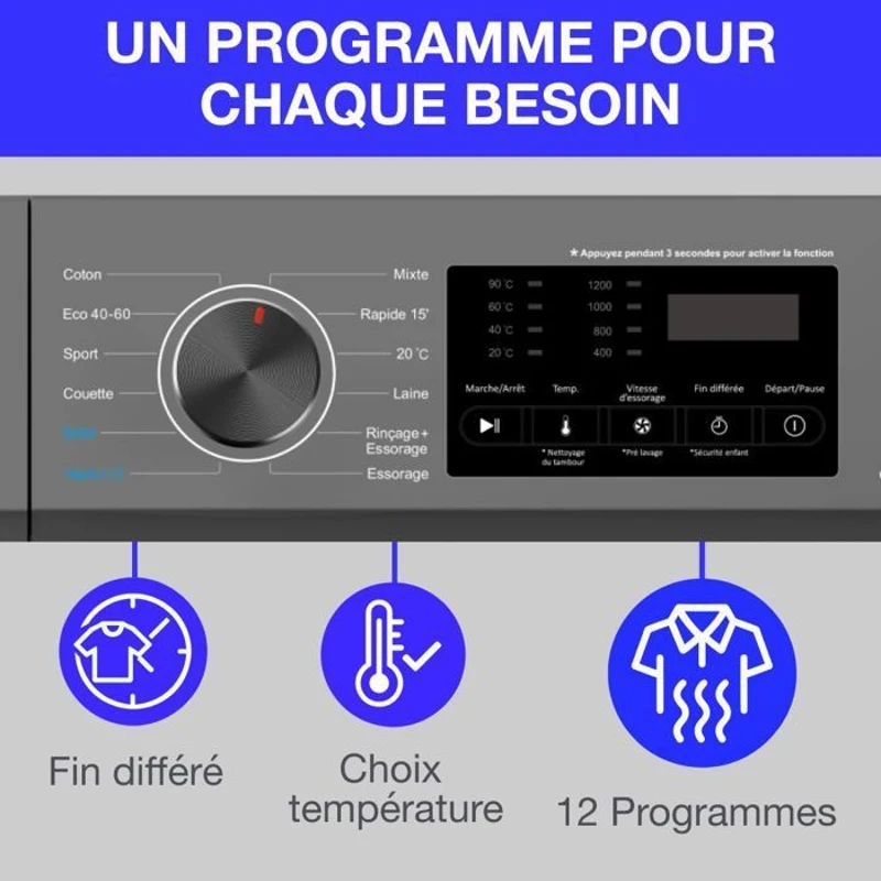 Lave-linge hublot - CONTINENTAL EDISON - CELL712IS3 - 7 kg - Induction - 60 cm - 1200 trs/min - Silver