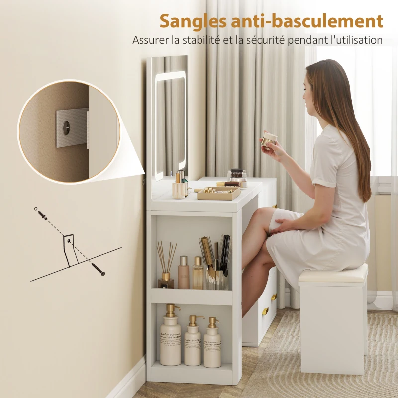 HOMCOM Coiffeuse avec miroir et tabouret, table de maquillage avec éclairage LED réglable, 6 tiroirs, 118 x 78 x 135 cm, blanc