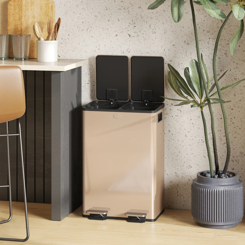 HOMCOM 56L Dual Compartment Stainless Steel Bin, with Deodoriser Holders - Gold Tone