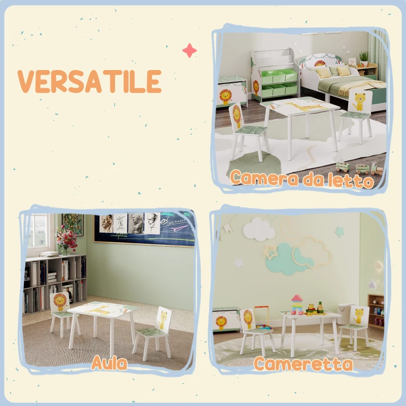 AIYAPLAY Set Arredo Cameretta con Tavolo e 2 Sedie per Bambini da 3-8 Anni con Fantasia con Animali, Verde