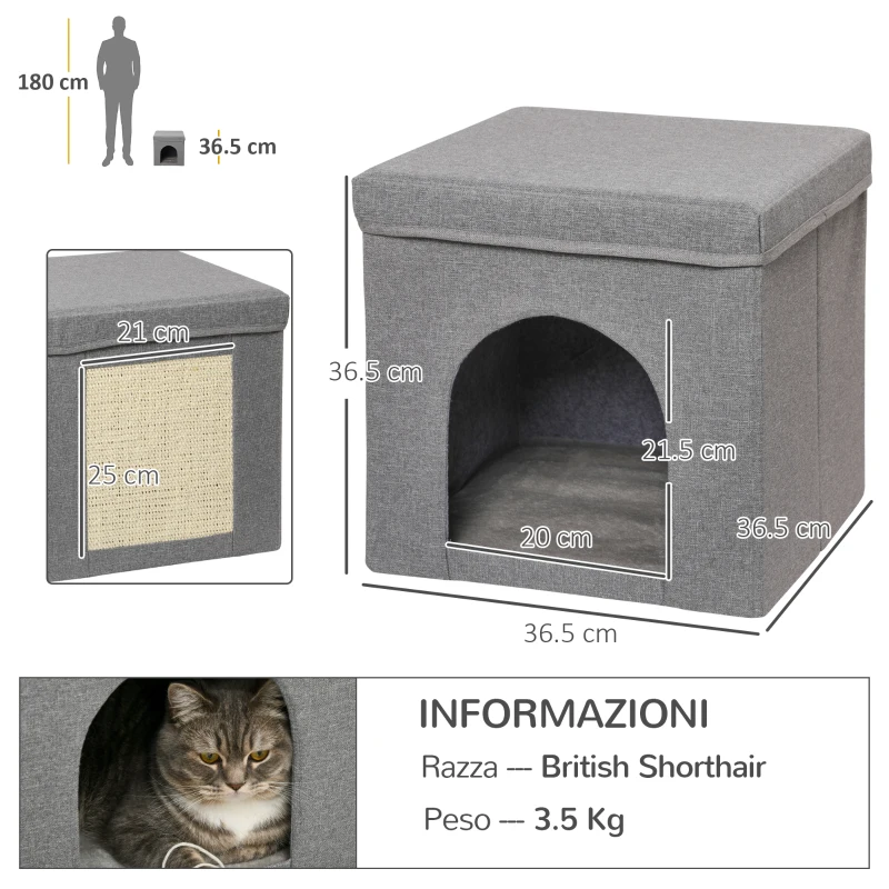 PawHut Casetta per Gatti Pieghevole a Cubo con Cuscino e Tappetino Tiragraffi, 36.5x36.5x36.5 cm, Grigio