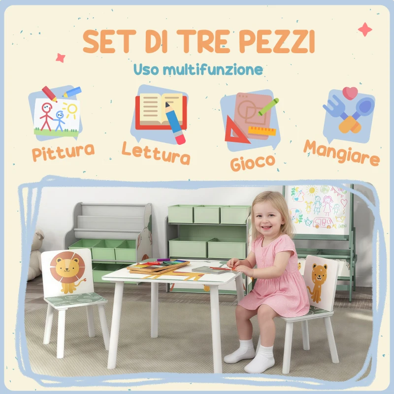 AIYAPLAY Set Arredo Cameretta con Tavolo e 2 Sedie per Bambini da 3-8 Anni con Fantasia con Animali, Verde