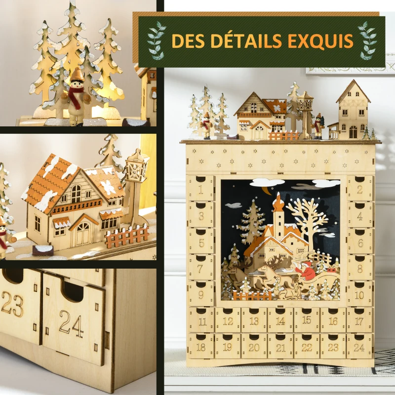 HOMCOM Calendrier de l'Avent LED en forme de village enneigé avec 24 tiroirs décoration lumineuse de Noël beige