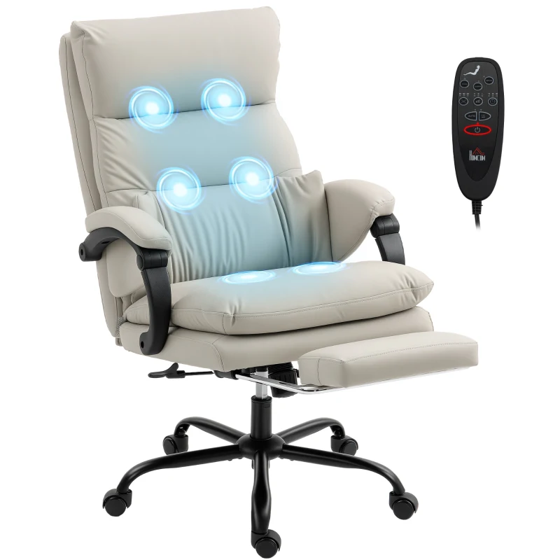 HOMCOM Cadeira de Escritório Massajadora e Aquecida Reclinável 135° com Apoio para Pés em Pele PU Cinza Claro