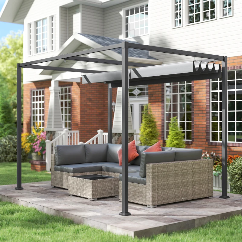 Outsunny 3 x 2m Metal Outdoor Pergola with Retractable Roof, Outdoor Gazebo Canopy Shelter with Drainage Holes for Garden, Patio, Lawn, Grey