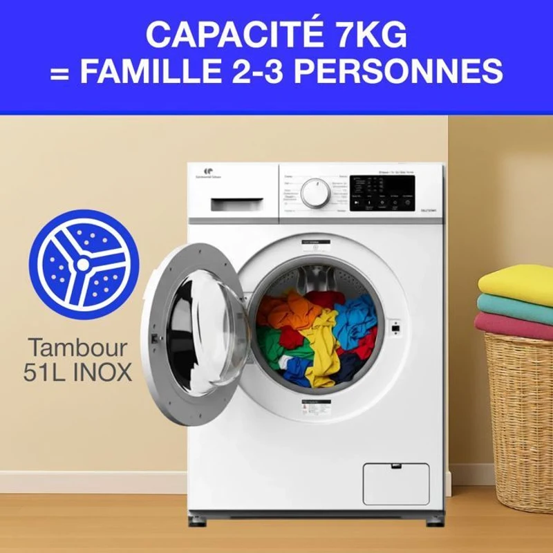Lave-linge hublot - CONTINENTAL EDISON - CELL712IW3 - 7 kg - Induction - 60 cm - 1200 trs/min - Blanc