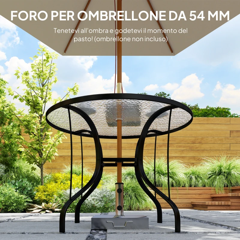 Outsunny Tavolino da Giardino Rotondo con Foro per Ombrellone, in Metallo e Vetro Temperato, Ø96.5x71 cm, Nero