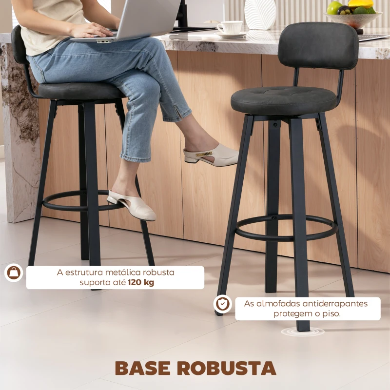 HOMCOM Conjunto de 2 Bancos de Bar Bancos Altos de Cozinha Giratórios Estofados em PU com Apoio para os Pés 35,5x43,5x98 cm Cinzento Escuro
