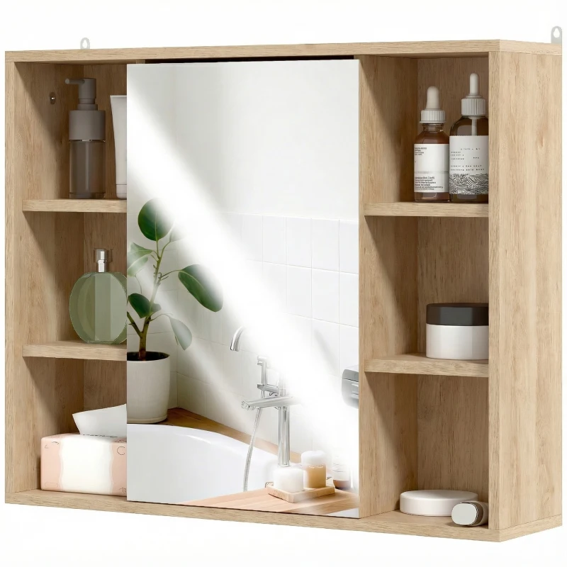 HOMCOM Mueble de baño con espejo, armario con puertas y 6 compartimentos abiertos, 60 x 14,5 x 49,4 cm, madera natural