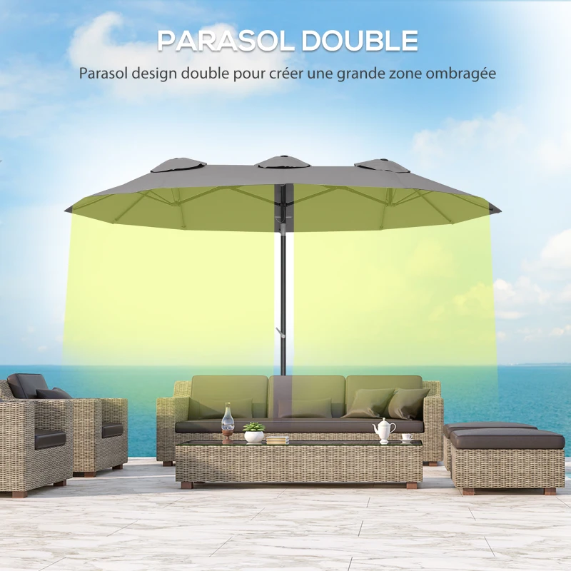 Outsunny Parasol de jardin double grande taille ouverture fermeture manivelle acier polyester 295 x 152 x 222 cm gris