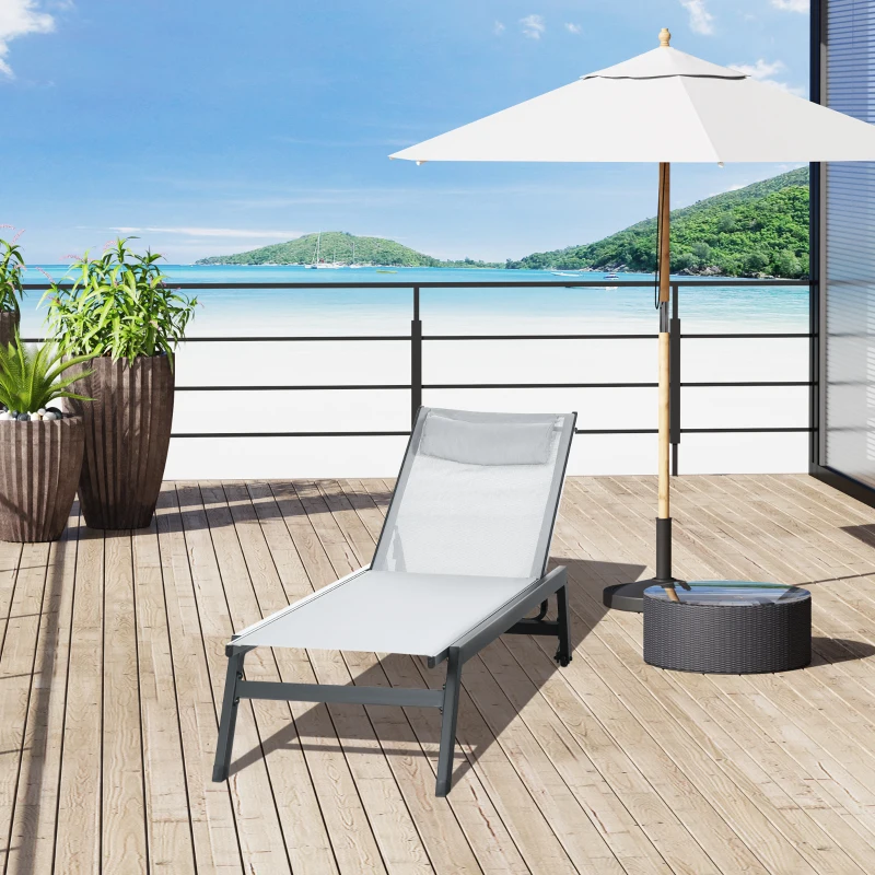 Outsunny Bain de soleil transat en aluminium et textilène avec roulettes et repose-tête dossier inclinable gris clair