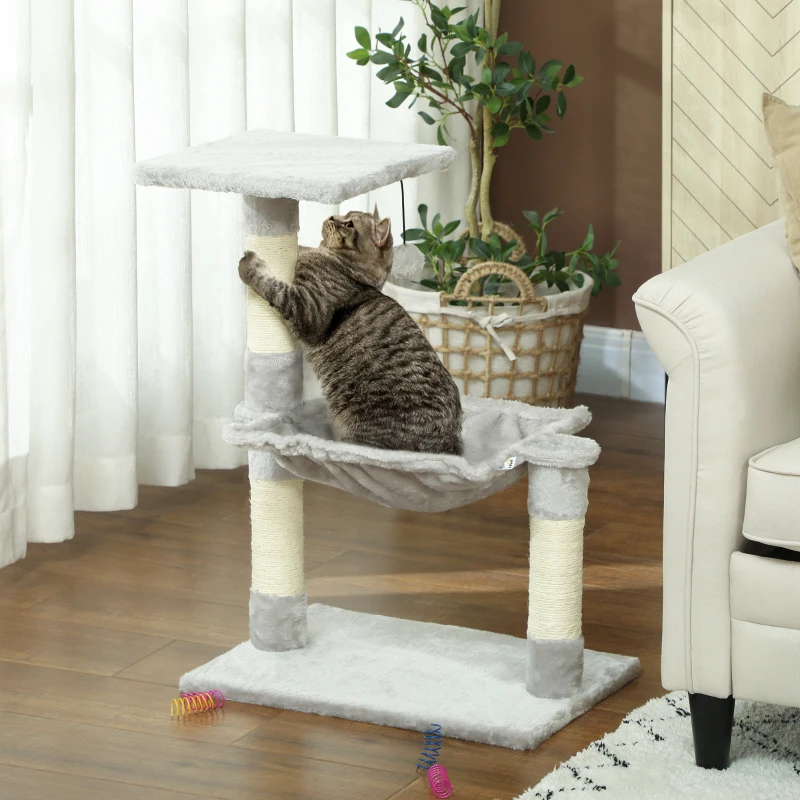 PawHut Arbre à chat 3 griffoirs grattoirs sisal naturel plateforme hamac et boule suspendue 50 x 26 x 70 cm peluche courte gris