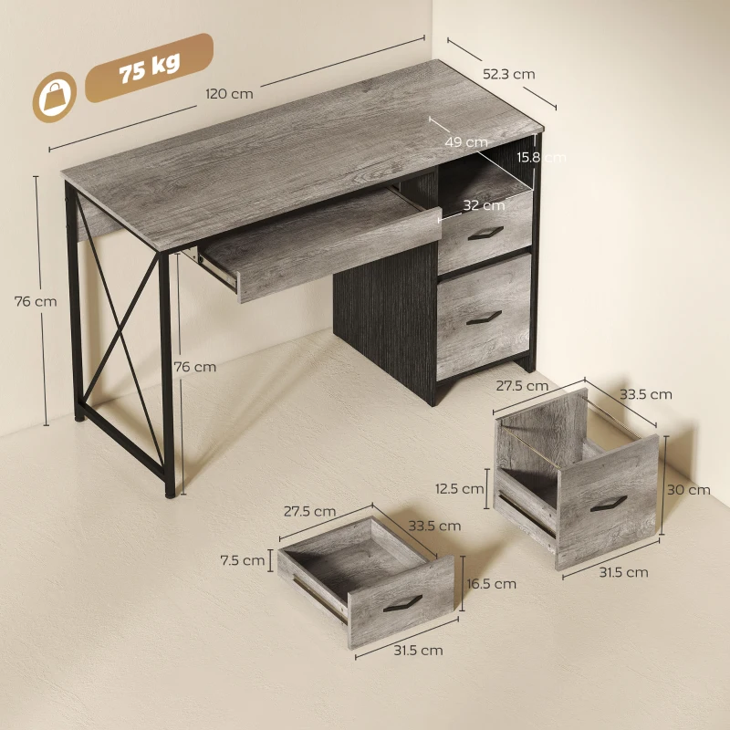 HOMCOM Scrivania gaming con vassoio tastiera, 2 cassetti e scomparto, 120x50 cm, Grigio