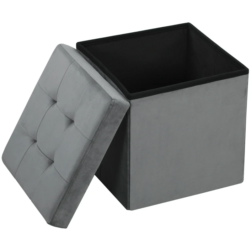 HOMCOM Pouf coffre rangement pliable, tabouret carré 37,6 L en tissu velours, charge 120 Kg, 38 x 38 x 38 cm, gris