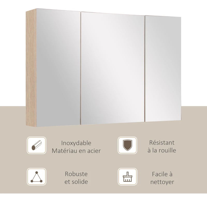 kleankin Armoire murale salle de bain, meuble de rangement avec miroir, 2 placards avec 3 étagères en bois, 90 x 60 x 13,5 cm