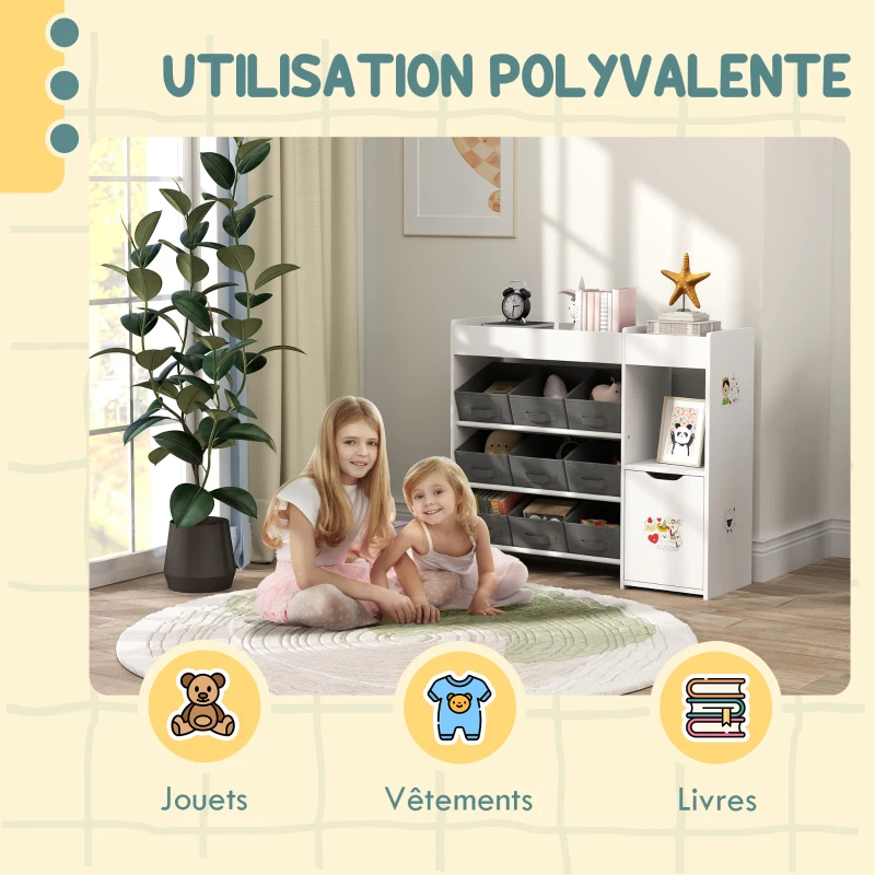 AIYAPLAY Meuble rangement enfant étagère de rangement pour jouets enfants avec 9 tiroirs en tissu et placard, blanc