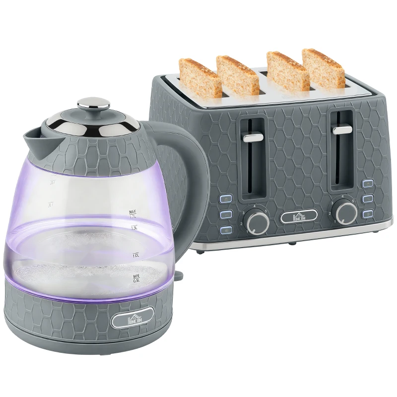 HOMCOM Kettle and Toaster Set, 1.7L 3000W Rapid Kettle with Strix Thermostat, 4 Slice Toaster with 7 Browning Controls, Grey