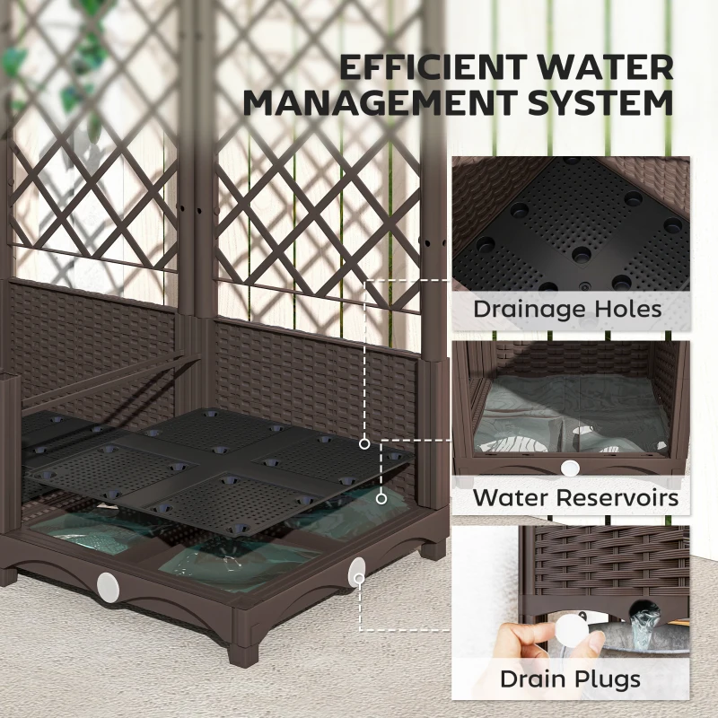 Outsunny Raised Garden Bed with Trellis, Plastic Planter Box with Drainage Holes, Drain Plugs and Water Reservoirs for Climbing Plants, Vegetables, Flowers, Brown